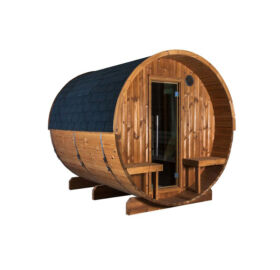 SENTIOTEC Fass-Sauna BARRELI 240 cm lang, mit Terasse und PANORAMA Fenster