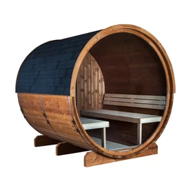 HARVIA Fass-Sauna KASKI 240 cm lang, mit Terasse und PANORAMA Fenster