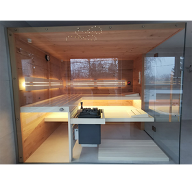 SAUNA KING Finnsauna aus Saunaboard Eiche rissig, mit Panorama Glas, 200x170cm (Nr. 2)