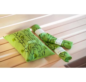 Pikkupuoti Lime Set aus Saunakissen, Sitztuch, Liegetuch, alles mit Blätter Motiv