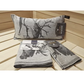 JOKIPIIN Premium Set: Saunakissen, Liegetuch, Sitztuch, Grau, mit Elchmuster