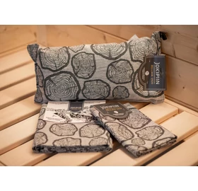 JOKIPIIN Premium Set: Saunakissen, Liegetuch, Sitztuch, Grau, mit Baumstammmuster