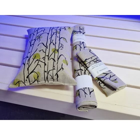 Pikkupuoti Beige Set aus Saunakissen, Sitztuch, Liegetuch, alles mit Blätter Motiv