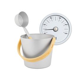 RENTO Saunakübel-Set 5L, Thermometer aus Aluminium, Silber