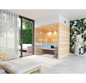SAUNA KING Finnsauna für 4-5 Personen aus Hemlock, mit Vollglasfront, 200x200cm