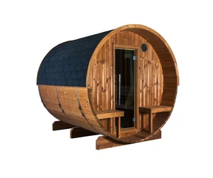 HARVIA Fass-Sauna KASKI 240 cm lang, mit Terasse und PANORAMA Fenster