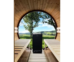 HARVIA Fass-Sauna KASKI 220 cm lang, mit PANORAMA Fenster