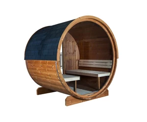 HARVIA Fass-Sauna KASKI 240 cm lang, mit Terasse und PANORAMA Fenster