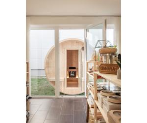 SENTIOTEC Fass-Sauna LEKKERI 240 cm lang, mit Terasse
