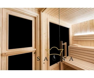 HARVIA Gartensauna ALPINA Large mit Panorama-Glasfenster, ohne äußeres Rhombusdekor, klarem Glas