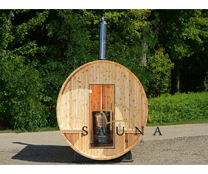 ALMOST HEAVEN Fass-Sauna Grandview  aus rustischem Rotzedernholz