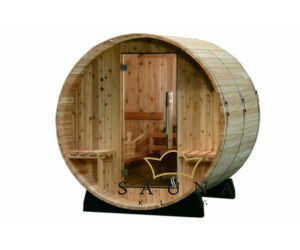 ALMOST HEAVEN Fass-Sauna Audra aus rustischem Rotzedernholz, Massivholzsauna aus Finnland