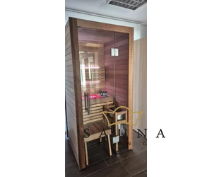 HARVIA Utu Nano Premium finnische Sauna aus wärmebehandelter Espenholz mit Saunaofen 95 x 95 cm