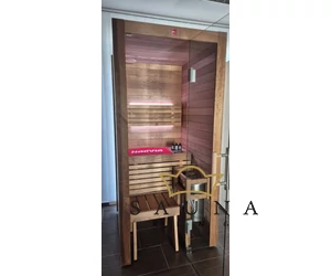 HARVIA Utu Nano Premium finnische Sauna aus wärmebehandelter Espenholz mit Saunaofen 95 x 95 cm