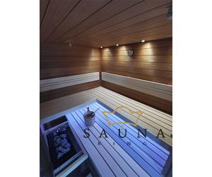 SAUNA KING Finnsauna aus Hemlock, mit Glas Eckeinstieg, 215x170cm (Nr. 1)