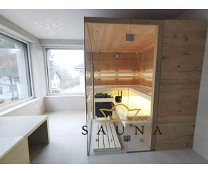 SAUNA KING Finnsauna aus Saunaboard Eiche rissig, mit Panorama Glas, 200x170cm (Nr. 2)