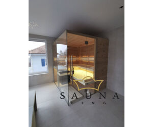 SAUNA KING Finnsauna aus Saunaboard Eiche rissig, mit Panorama Glas, 200x170cm (Nr. 2)