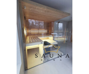 SAUNA KING Finnsauna aus Saunaboard Eiche rissig, mit Panorama Glas, 200x170cm (Nr. 2)