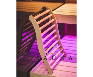 Ergonomische Sauna Rückenstütze aus Natur Espenholz, mit rutschfestem Korkstopper und mit Frottierbezug