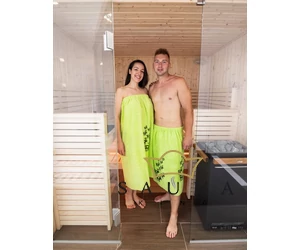 Pikkupuoti Damen Saunakilt, 100% Bio-Baumwolle/Frottier, grün, mit Reniter Motiv