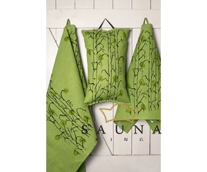 Pikkupuoti Lime Set aus Saunakissen, Sitztuch, Liegetuch, alles mit Blätter Motiv