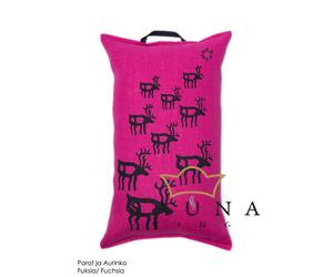 Pikkupuoti Fuchsia Set aus Saunakissen, Sitztuch, Liegetuch, alles mit Elch Motiv