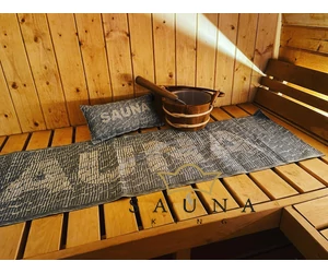 JOKIPIIN Premium Set: Saunakissen, Liegetuch, Sitztuch, Grau, Mit Aufschrift SAUNA