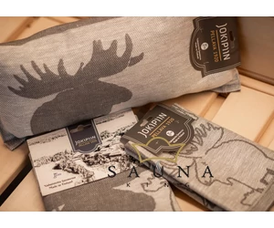 JOKIPIIN Premium Set: Saunakissen, Liegetuch, Sitztuch, Grau, mit Elchmuster