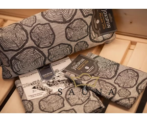 JOKIPIIN Premium Set: Saunakissen, Liegetuch, Sitztuch, Grau, mit Baumstammmuster