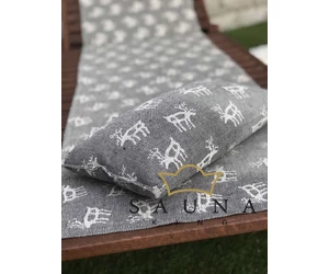 Pikkupuoti Sauna Liegetuch aus 70% Leinen-30% Baumwolle, Grau mit Rentier Motiv