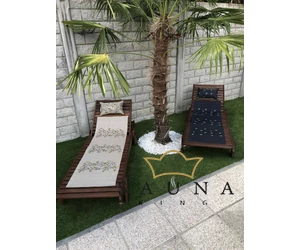 Pikkupuoti Sauna Liegetuch aus 100% Leinen, Beige mit Blätter Motiv
