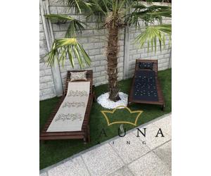Pikkupuoti Sauna Liegetuch aus 100% Leinen, Beige mit Blätter Motiv