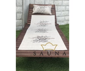 Pikkupuoti Sauna Liegetuch aus 100% Leinen, Beige mit Baum Motiv