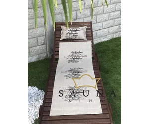 Pikkupuoti Sauna Liegetuch aus 100% Leinen, Beige mit Baum Motiv