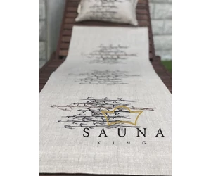 Pikkupuoti Sauna Liegetuch aus 100% Leinen, Beige mit Baum Motiv