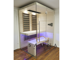 SAUNA KING Infrasauna aus Fichtenholz mit HARVIA Carbon Infrarotstrahler, 2seitig Panorama Glas