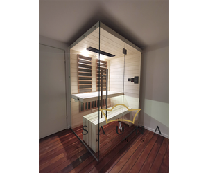 SAUNA KING Infrasauna aus Fichtenholz mit HARVIA Carbon Infrarotstrahler, mit Vollglasfront