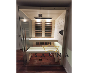 SAUNA KING Infrasauna aus Fichtenholz mit HARVIA Carbon Infrarotstrahler, 3seitig Panorama Glas
