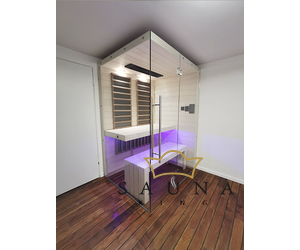 SAUNA KING Infrasauna aus Fichtenholz mit HARVIA Carbon Infrarotstrahler, 2seitig Panorama Glas