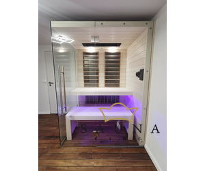 SAUNA KING Infrasauna aus Fichtenholz mit HARVIA Carbon Infrarotstrahler, 3seitig Panorama Glas