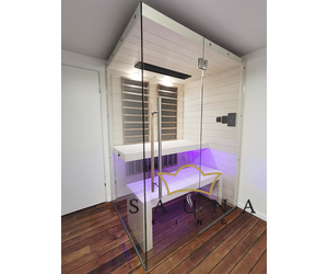 SAUNA KING Infrasauna aus Fichtenholz mit HARVIA Carbon Infrarotstrahler, mit Vollglasfront