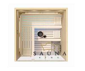 SAUNA KING Finnsauna für 4-5 Personen aus Hemlock, mit Vollglasfront, 200x200cm