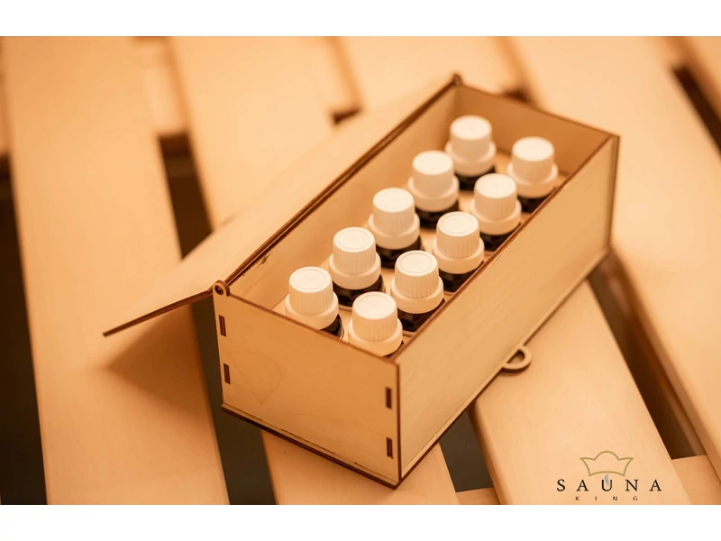 Bassau Duftaufbewahrungsbox im Set mit Bassau Premium ätherischen Saunaölen (15 ml), Mit 10 Düften