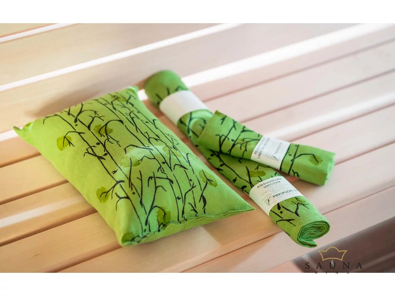 Pikkupuoti Lime Set aus Saunakissen, Sitztuch, Liegetuch, alles mit Blätter Motiv