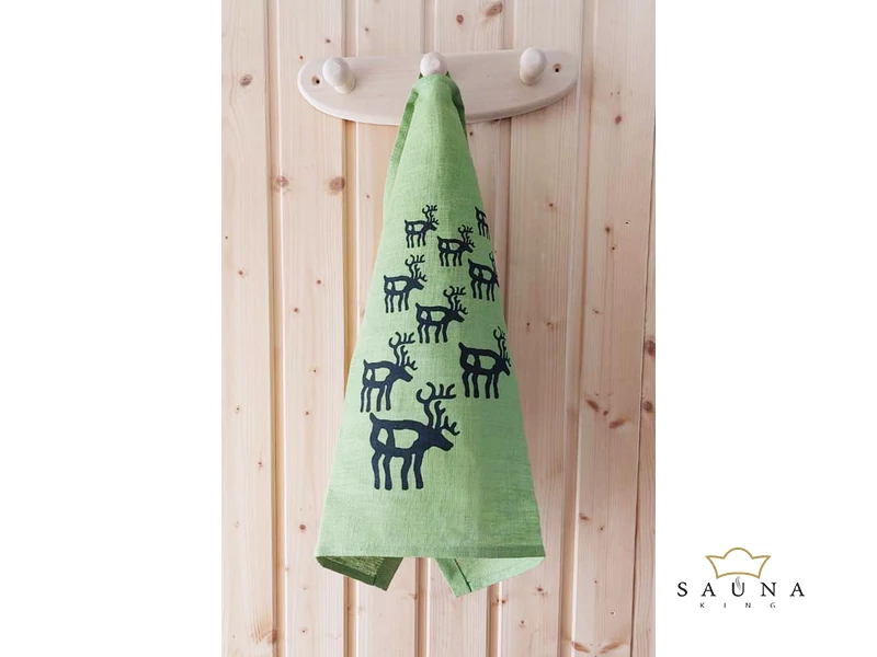 Pikkupuoti Sauna Sitztuch aus 100% Leinen, Lime mit Rentier Motiv
