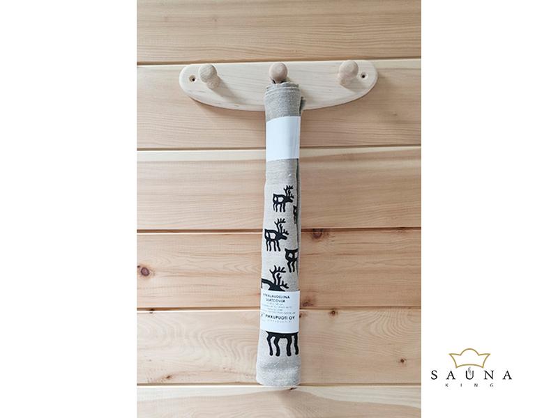 Pikkupuoti Sauna Liegetuch aus 100% Leinen, Beige mit Rentier Motiv