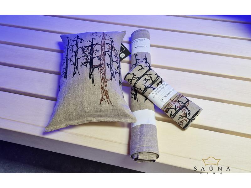Pikkupuoti Beige Set aus Saunakissen, Sitztuch, Liegetuch, alles mit Bäume Motiv