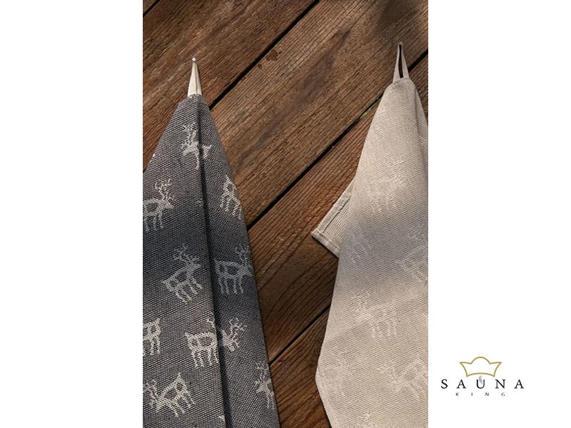 Pikkupuoti Sauna Sitztuch aus 70% Leinen-30% Baumwolle, Beige mit Rentier Motiv