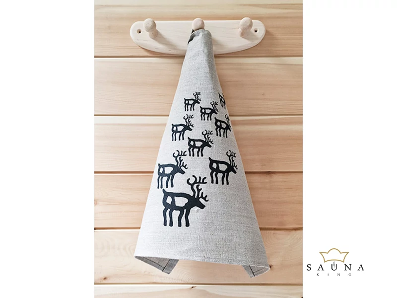 Pikkupuoti Sauna Sitztuch aus 100% Leinen, Beige mit Rentier Motiv
