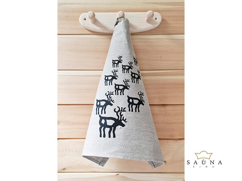 Pikkupuoti Sauna Sitztuch aus 100% Leinen, Beige mit Rentier Motiv